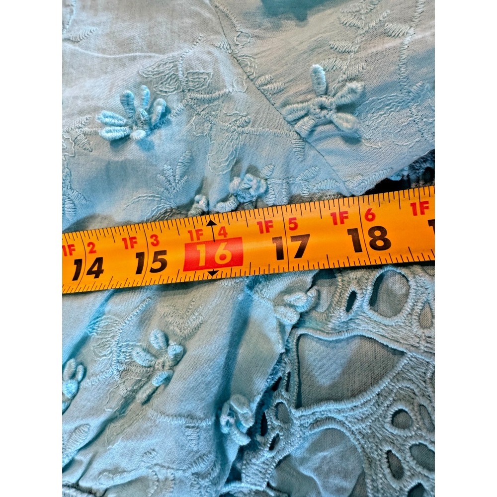 Boston Proper Embroidered Crochet Babydoll Dress XS Blue Boho Bishop Sleeve - Picture 10 of 12